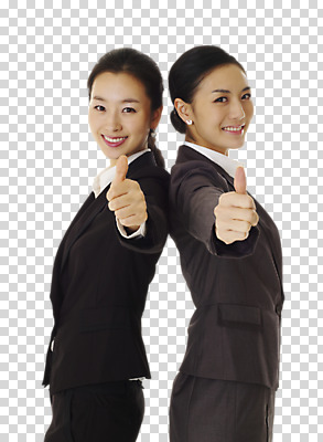 스튜디오촬영 편집 편집이미지 여자 포즈 비즈니스 실내 표정 서기 미소 웃음 사람 동양인 정장 손짓 성인 두명 옆모습 엄지손가락 등맞대기 최고 직장인 비즈니스우먼 동료 넘버원 맞대기 PNG 여자만 성인여자만 성인만 편집소스 직업 옷 뷰포인트 손가락 관계 모션 인종 내부 파일형식