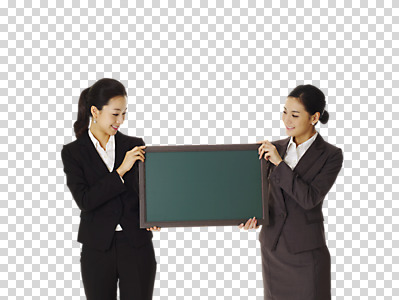 스튜디오촬영 편집 편집이미지 여자 비즈니스 안내 프레임 실내 표정 서기 미소 웃음 들기 사람 동양인 정장 성인 두명 칠판 한국인 직장인 비즈니스우먼 알림 프레젠테이션 동료 미니칠판 PNG 여자만 성인여자만 성인만 편집소스 직업 옷 관계 모션 인종 내부 파일형식