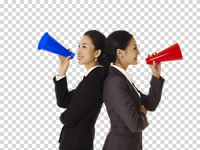 스튜디오촬영 편집 편집이미지 여자 포즈 비즈니스 응원 실내 표정 서기 미소 웃음 들기 사람 동양인 정장 상반신 성인 두명 옆모습 확성기 한국인 응원용품 직장인 비즈니스우먼 알림 나팔 동료 응원나팔 PNG 여자만 성인여자만 성인만 편집소스 직업 옷 악기 뷰포인트 관계 모션 인종 내부 오브젝트 파일형식
