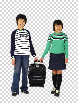 전신 편집 편집이미지 라이프스타일 여자 남자 어린이 여행 가방 표정 서기 웃음 사람 동양인 소녀 소년 두명 라이프 앞모습 캐주얼 캐리어 여행가방 잡기 PNG 수트케이스 어린이만 편집소스 잡화 옷 뷰포인트 모션 인종 생활 파일형식