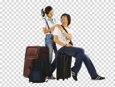 스튜디오촬영 전신 편집 편집이미지 커플 잡화 여자 남자 한쌍 여행 가방 배낭 휴가 실내 표정 사랑 서기 미소 웃음 사람 앉기 동양인 20대 성인 두명 라이프 캐주얼 마주보기 캐리어 여행가방 신혼여행 멜빵바지 멜빵 커플티 걸터앉기 PNG 수트케이스 청년만 성인만 편집소스 옷 감정 결혼 바지 관계 모션 인종 청년 내부 생활 커플룩 파일형식
