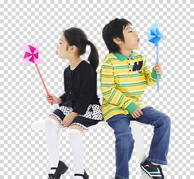 스튜디오촬영 전신 편집 편집이미지 여자 남자 어린이 컬러 놀이 바람 실내 들기 사람 앉기 동양인 두명 친구 장난감 놀이용품 불기 바람개비 PNG 어린이만 바람불기 편집소스 자연요소 관계 모션 날씨 인종 내부 오브젝트 파일형식