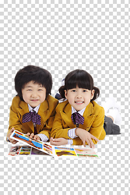 전신 편집 편집이미지 여자 교육 남자 초등학생 어린이 엎드리기 컬러 교재 웃음 사람 앉기 동양인 소녀 소년 두명 앞모습 책 세로 유치원 유치원교육 PNG 어린이만 편집소스 학생 뷰포인트 모션 표정 인종 파일형식