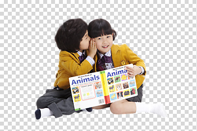 전신 편집 편집이미지 영어 여자 교육 남자 초등학생 어린이 컬러 교재 영어교육 웃음 사람 앉기 동양인 소녀 소년 두명 책 가로 유치원 귓속말 유치원교육 PNG 어린이만 편집소스 문자 학생 모션 표정 인종 파일형식