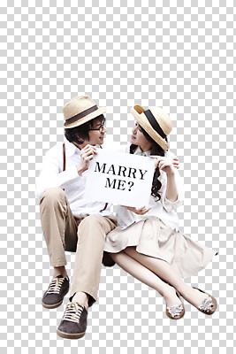 전신 편집 편집이미지 모자 커플 여자 남자 한쌍 컬러 결혼 프로포즈 사랑 사람 앉기 동양인 20대 성인 두명 라이프 세로 마주보기 팻말 PNG 청년만 성인만 편집소스 잡화 감정 관계 모션 프레임 인종 이벤트 청년 생활 파일형식