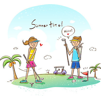 EPS 여자 남자 여유 골프 휴가 골프공 미소 웃음 사람 20대 두명 10대 여름 레포츠 여름휴가 바캉스 야자수 즐거움 여름스포츠 나무 계절 감정 스포츠 공 청소년 레저 골프용품 표정 청년 구기 파일형식 벡터 여름_계절