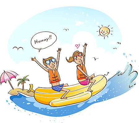 EPS 여자 남자 여유 바다 섬 휴가 미소 웃음 사람 20대 두명 여름 레포츠 여름휴가 바캉스 야자수 파라솔 즐거움 구명조끼 여름스포츠 바나나보트 청년만 성인만 나무 계절 감정 스포츠 레저 표정 청년 보트 구조용품 파일형식 벡터 여름_계절