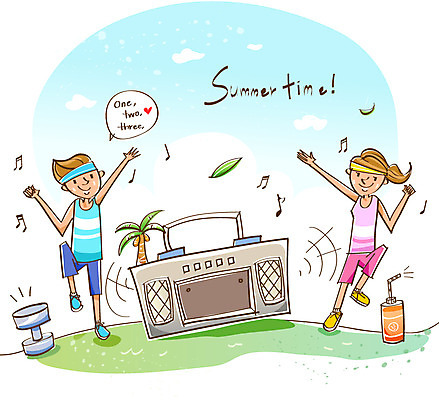 EPS 여자 남자 여유 음료 다이어트 휴가 미소 웃음 사람 20대 두명 여름 레포츠 여름휴가 바캉스 카세트테이프 역기 즐거움 에어로빅 여름스포츠 청년만 성인만 계절 감정 스포츠 레저 표정 건강 청년 운동 춤 파일형식 벡터 여름_계절