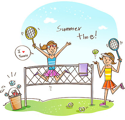 EPS 여자 여유 공 휴가 웃음 사람 20대 두명 여름 레포츠 여름휴가 바캉스 수건 운동 테니스 네트 즐거움 여름스포츠 여자만 성인여자만 청년만 청년여자만 성인만 계절 감정 스포츠 레저 표정 건강 청년 위생용품 구기 파일형식 벡터 여름_계절