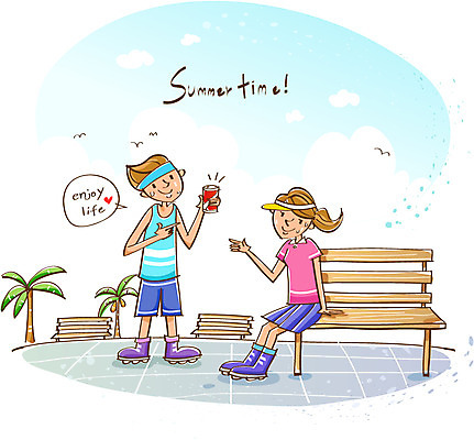 EPS 공원 여자 남자 여유 음료 벤치 휴가 미소 웃음 사람 20대 두명 여름 레포츠 여름휴가 바캉스 야자수 롤러블레이드 즐거움 여름스포츠 청년만 성인만 나무 계절 공공시설 감정 스포츠 의자 레저 표정 청년 취미 파일형식 벡터 여름_계절