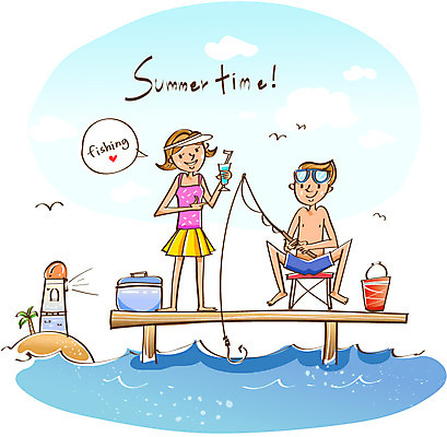 EPS 여자 남자 여유 음료 바다 낚시 휴가 등대 미소 웃음 사람 20대 두명 여름 레포츠 여름휴가 바캉스 항구 낚싯대 양동이 즐거움 여름스포츠 아이스박스 청년만 성인만 계절 감정 스포츠 교통시설 레저 표정 청년 낚시용품 파일형식 벡터 여름_계절