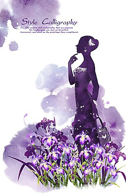 PSD 여자 꽃 실루엣 캘리배경 백그라운드 꽃백그라운드 일러스트 캘리그라피 수채화 그림자 한명 사람 성인 빛 쇼핑 뷰티 보라색 핸드백 고급 손그림 창포꽃 여자만 여자한명만 성인여자만 성인만 국내일러스트 식물 1 컬러 컨셉 가방 촬영기법 파일형식