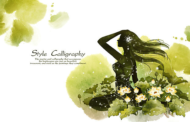 PSD 여자 꽃 실루엣 캘리배경 백그라운드 꽃백그라운드 일러스트 캘리그라피 수채화 연꽃 그림자 한명 사람 성인 연두색 빛 뷰티 봄 고급 손그림 여자만 여자한명만 성인여자만 성인만 국내일러스트 식물 1 계절 컨셉 촬영기법 초록색 파일형식