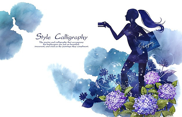 PSD 여자 꽃 실루엣 꽃백그라운드 일러스트 캘리그라피 수채화 한명 사람 성인 파란색 빛 쇼핑 뷰티 쇼핑백 결제 수국 여자한명만 국내일러스트 식물 1 컬러 백그라운드 가방 촬영기법 여자만 파일형식