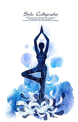 PSD 여자 실루엣 포즈 백그라운드 일러스트 캘리그라피 요가 수채화 한명 서기 사람 성인 파란색 빛 운동 뷰티 깃털 손그림 가벼움 여자한명만 국내일러스트 1 웰빙 컬러 모션 촬영기법 건강 무게 여자만 파일형식