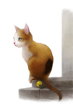 PSD 동물 한마리 백그라운드 일러스트 포유류 사람없음 반려동물 귀여움 계단 고양이 민들레 국내일러스트 1 꽃 컨셉 파일형식