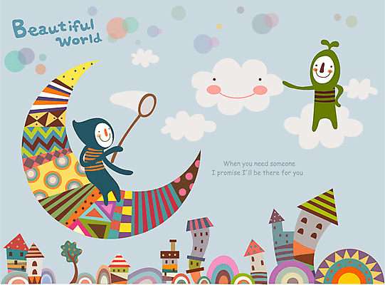 EPS 구름 어린이 여행 패턴 일러스트 상상 하늘 주택 미소 웃음 두명 친구 판타지 마을 꿈 달 신비 상상캐릭터 반달 어린이만 국내일러스트 일러캐릭터 자연요소 캐릭터 컨셉 무늬 관계 표정 사람 건물 파일형식 벡터