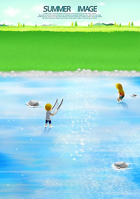 PSD 백그라운드 일러스트 사람 풍경 소년 두명 10대 여름 그물 개울 고기잡이 십대만 국내일러스트 계절 남자 어린이 청소년 어업 강 파일형식