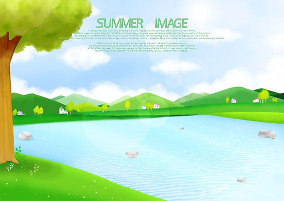 PSD 나무 구름 호수 백그라운드 일러스트 하늘 풍경 사람없음 여름 마을 국내일러스트 자연요소 식물 계절 파일형식