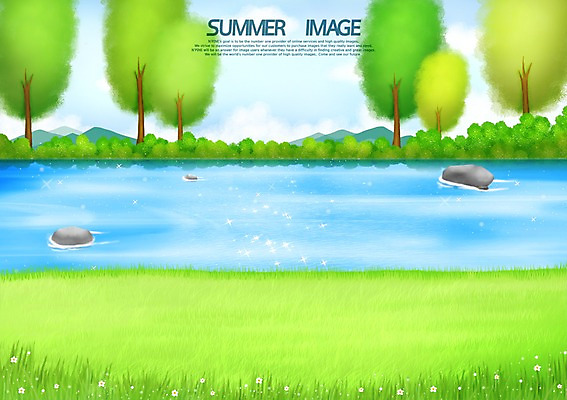 PSD 나무 백그라운드 일러스트 풍경 초원 사람없음 여름 돌_바위 바위 개울 국내일러스트 식물 계절 강 파일형식