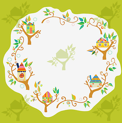 EPS 나무 백그라운드 무늬 패턴 일러스트 나뭇잎 주택 프레임 사람없음 연두색 나뭇가지 패턴프레임 국내일러스트 식물 잎 건물 초록색 파일형식 벡터
