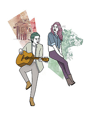 PSD 라이프스타일 커플 여자 남자 악기 맨라이프 연주 일러스트 노래 사람 20대 성인 두명 라이프 기타 통기타 합창 청년만 성인만 국내일러스트 음악 관계 현악기 청년 생활 파일형식