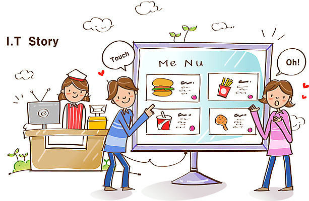 EPS 여자 남자 통신 패스트푸드 정보기술 웃음 사람 20대 성인 10대 세명 컴퓨터 치킨 정보 감자튀김 햄버거 종업원 고객 스마트 메뉴 탄산음료 IT라이프 주문 편리함 소통 터치스크린 패스트푸드점 직업 라이프스타일 음료 컨셉 청소년 감자 기술 표정 청년 전자제품 상점 튀김 인스턴트 닭고기요리 탄산 파일형식 벡터