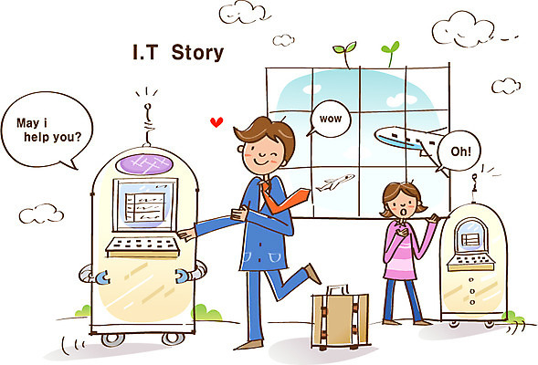EPS 여자 남자 통신 비행기 정보기술 웃음 사람 성인 두명 10대 정보 공항 스마트 로봇 서비스 IT라이프 편리함 소통 도우미 라이프스타일 컨셉 항공교통 교통시설 청소년 대중교통 기술 표정 파일형식 벡터