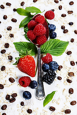 포토 JPG 해외이미지 잎 딸기 사람없음 숟가락 원두 블루베리 산딸기 뮤즐리 해외202004 해외포토 식물 커피 과일 수저 파일형식