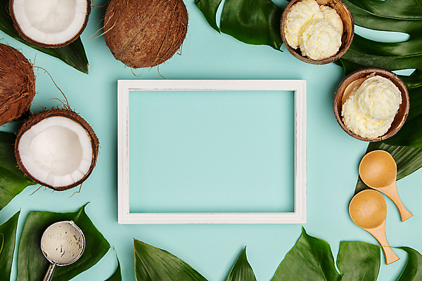 포토 JPG 해외이미지 그릇 잎 아이스크림 디저트 프레임 실내 액자틀 사람없음 하이앵글 달콤 파란배경 코코넛 나무숟가락 스쿱 플랫레이 해외202004 해외포토 식물 식기 음식 뷰포인트 액자 백그라운드 과일 틀 내부 파란색 숟가락 플랫 맛 파일형식