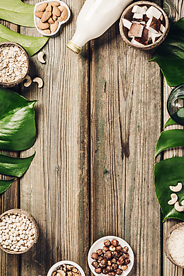 포토 JPG 해외이미지 접시 잎 프레임 실내 사람없음 우유 견과류 우유병 나무바닥 호두 코코넛 아몬드 대두 카피스페이스 귀리 해외202004 해외포토 식물 식기 과일 병_용기 유제품 곡류 바닥 내부 공백 파일형식