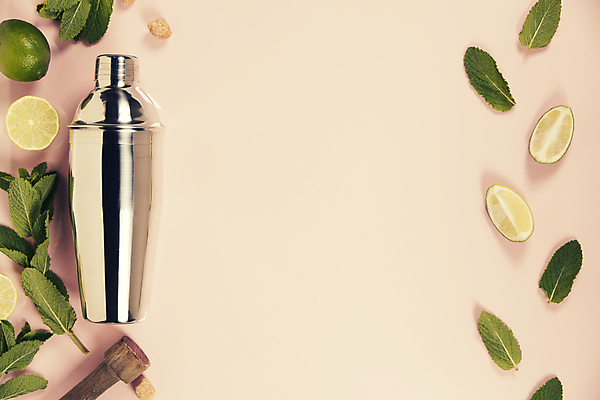 포토 JPG 해외이미지 실내 사람없음 하이앵글 칵테일 민트 라임 모히토 쉐이커 카피스페이스 셰이커 분홍색배경 해외202004 해외포토 뷰포인트 분홍색 백그라운드 과일 주류 내부 공백 허브 파일형식