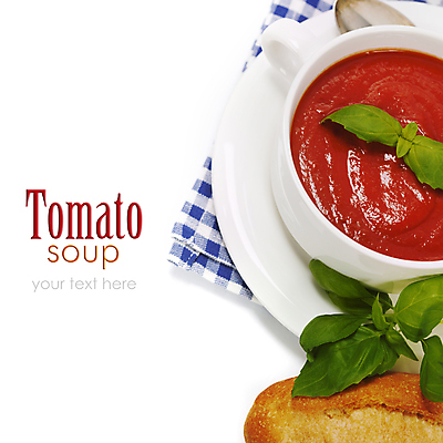 포토 JPG 해외이미지 그릇 접시 빵 토마토 타이포그라피 사람없음 하이앵글 숟가락 수프 흰배경 바질 카피스페이스 해외202004 해외포토 문자 식기 음식 뷰포인트 백그라운드 채소 수저 공백 흰색 파일형식