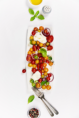 포토 JPG 해외이미지 접시 포크 방울토마토 실내 사람없음 하이앵글 올리브오일 흰배경 바질 모짜렐라치즈 소금통 통후추 플랫레이 해외202004 해외포토 식기 뷰포인트 백그라운드 토마토 치즈 내부 흰색 플랫 기름_음식 후추 파일형식