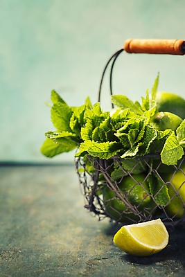 포토 JPG 해외이미지 사람없음 바구니 민트 담기 파란배경 라임 모히토 해외202004 해외포토 백그라운드 과일 모션 파란색 칵테일 허브 파일형식