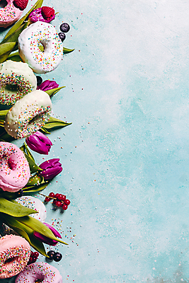 포토 JPG 해외이미지 실내 사람없음 튤립 도넛 파란배경 카피스페이스 해외202004 해외포토 꽃 백그라운드 디저트 내부 파란색 공백 파일형식