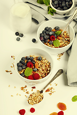 포토 JPG 해외이미지 그릇 곡류 실내 사람없음 컵 숟가락 시리얼 블루베리 산딸기 요거트 크랜베리 그래놀라 해외202004 해외포토 식기 열매 음식 과일 유제품 수저 내부 파일형식