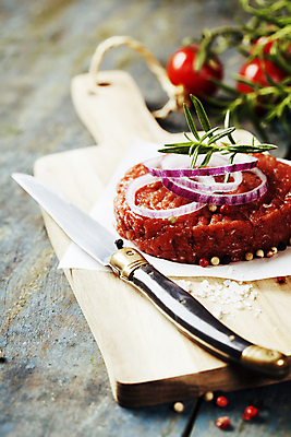 포토 JPG 해외이미지 방울토마토 실내 사람없음 햄버거 나이프 소금 패티 로즈메리 나무도마 나무탁자 적양파 통후추 종이호일 해외202004 해외포토 식기 토마토 탁자 양파 도마 패스트푸드 내부 목재 칼 허브 후추 파일형식