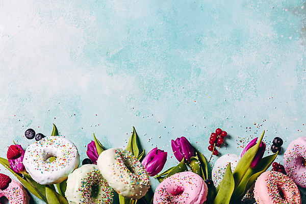 포토 JPG 해외이미지 사람없음 튤립 도넛 파란배경 카피스페이스 해외202004 해외포토 꽃 백그라운드 디저트 파란색 공백 파일형식