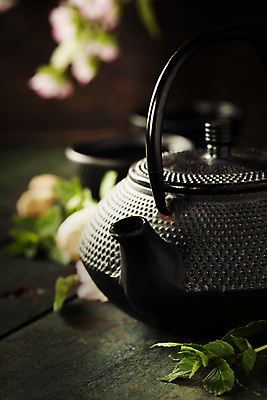 포토 JPG 해외이미지 꽃 잎 검은배경 실내 사람없음 아웃포커스 찻잔 다기 찻주전자 해외202004 해외포토 식물 백그라운드 주전자 잔 촬영기법 내부 검은색 다도 파일형식