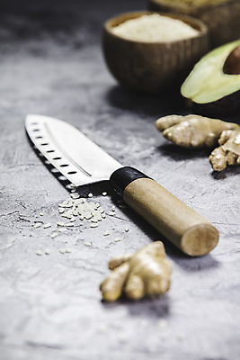 포토 JPG 해외이미지 스튜디오촬영 밥 실내 사람없음 쌀 식칼 생강 아보카도 해외202004 해외포토 음식 채소 과일 주방용품 곡류 내부 파일형식