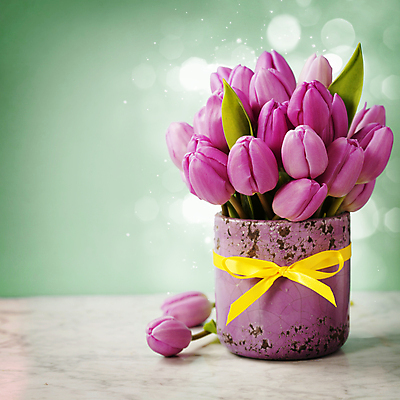 포토 JPG 해외이미지 리본 화분 꽃다발 실내 사람없음 튤립 보케 빛망울 블러효과 초록배경 해외202004 해외포토 꽃 백그라운드 내부 초록색 빛 블러 파일형식 효과