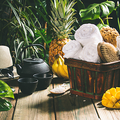 포토 JPG 해외이미지 잎 바나나 사람없음 수건 위생용품 바구니 찻잔 찻주전자 파인애플 스파용품 망고 아로마테라피 해외202004 해외포토 식물 생활용품 과일 주전자 잔 스파 오브젝트 열대과일 테라피 파일형식