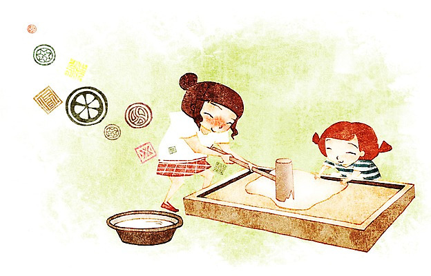 PSD 여자 어린이교육 교육 초등학생 어린이 일러스트 웃음 사람 소녀 두명 10대 체험학습 체험 즐거움 떡망치 떡메치기 여자만 소녀만 국내일러스트 학생 감정 컨셉 모션 청소년 표정 망치 어린이만 파일형식