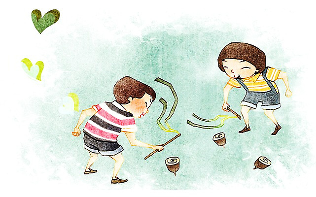 PSD 어린이교육 교육 남자 초등학생 어린이 일러스트 놀이 웃음 사람 소녀 소년 두명 10대 전통놀이 체험학습 체험 즐거움 팽이 팽이치기 십대만 국내일러스트 학생 전통 여자 감정 컨셉 청소년 표정 놀이용품 파일형식