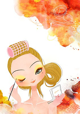 PSD 우먼라이프 라이프스타일 여자 일러스트 한명 사람 20대 라이프 10대 화장 뷰티 붓 변화 우아함 롤 헤어롤 아이섀도 아이메이크업 여자만 여자한명만 국내일러스트 1 컨셉 청소년 청년 생활 화장품 미용용품 파일형식