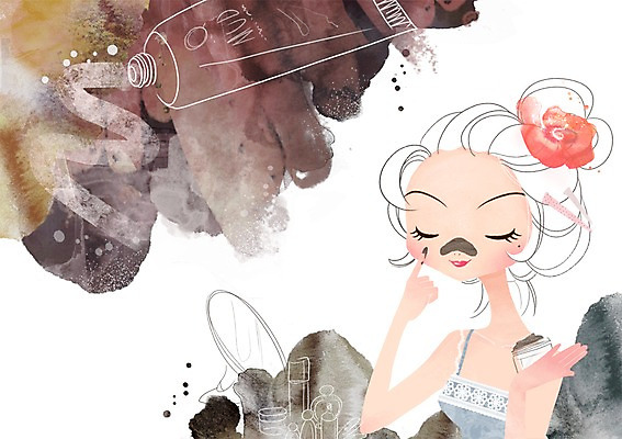 PSD 우먼라이프 라이프스타일 여자 일러스트 한명 사람 20대 라이프 10대 뷰티 거울 마사지 용기 변화 우아함 피부관리 팩 튜브 머드팩 여자만 여자한명만 국내일러스트 1 그릇 컨셉 청소년 청년 생활 화장품 파일형식