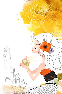 PSD 우먼라이프 라이프스타일 여자 일러스트 한명 사람 20대 라이프 10대 화장 뷰티 핸드백 개화 변화 우아함 향수 화장대 치장 단장 여자만 여자한명만 국내일러스트 1 꽃 가구 컨셉 가방 청소년 청년 생활 화장품 파일형식