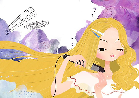 PSD 우먼라이프 라이프스타일 헤어스타일 여자 일러스트 한명 사람 20대 라이프 10대 뷰티 머리카락 변화 우아함 고데기 매직기 여자만 여자한명만 국내일러스트 1 컨셉 청소년 청년 생활 머리 헤어용품 파일형식