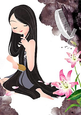 PSD 식물 우먼라이프 라이프스타일 긴머리 헤어스타일 여자 꽃 일러스트 한명 사람 20대 라이프 10대 뷰티 머리카락 머리빗 변화 우아함 여자만 여자한명만 국내일러스트 1 컨셉 청소년 청년 생활 머리 미용용품 파일형식